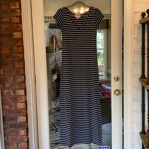 Elegant Navy and Gray Striped Maxi Dress